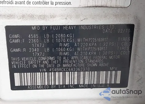 2010 Subaru Outback 2.5I Limited z USA, uszkodzony, nr VIN 4S4BRCKC6A3362370